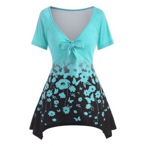 

Bowknot Butterfly Flower Print Raglan Sleeve Handkerchief T Shirt, Green