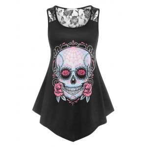 

Plus Size Gothic Skull Print Lace Panel Irregular Tank Top, Black