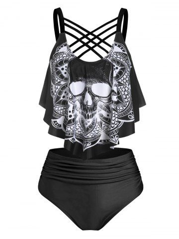 Skull Flower Print Criss-cross Padded Tankini Set - BLACK - S