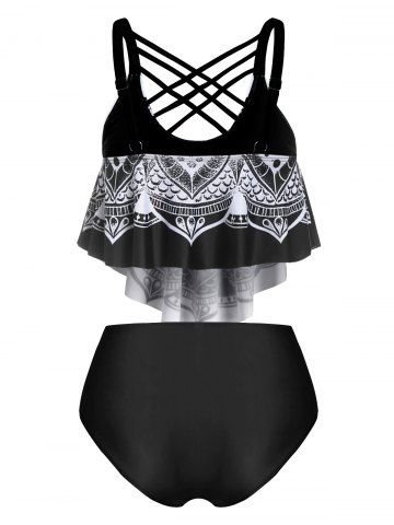 Skull Flower Print Criss-cross Padded Tankini Set