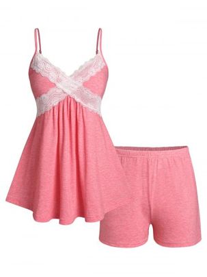 Plus Size Lace Panel Pajama Cami Skirted Top and Shorts Set