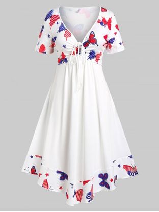 Plus Size Cinched Butterfly Print Patriotic Dress