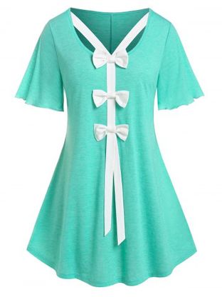 Plus Size & Curve Bowknot Flutter Sleeve Cutout Tunic Tee