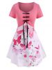 Flower Butterfly Heart Print Ruched Bowknot T Shirt -  