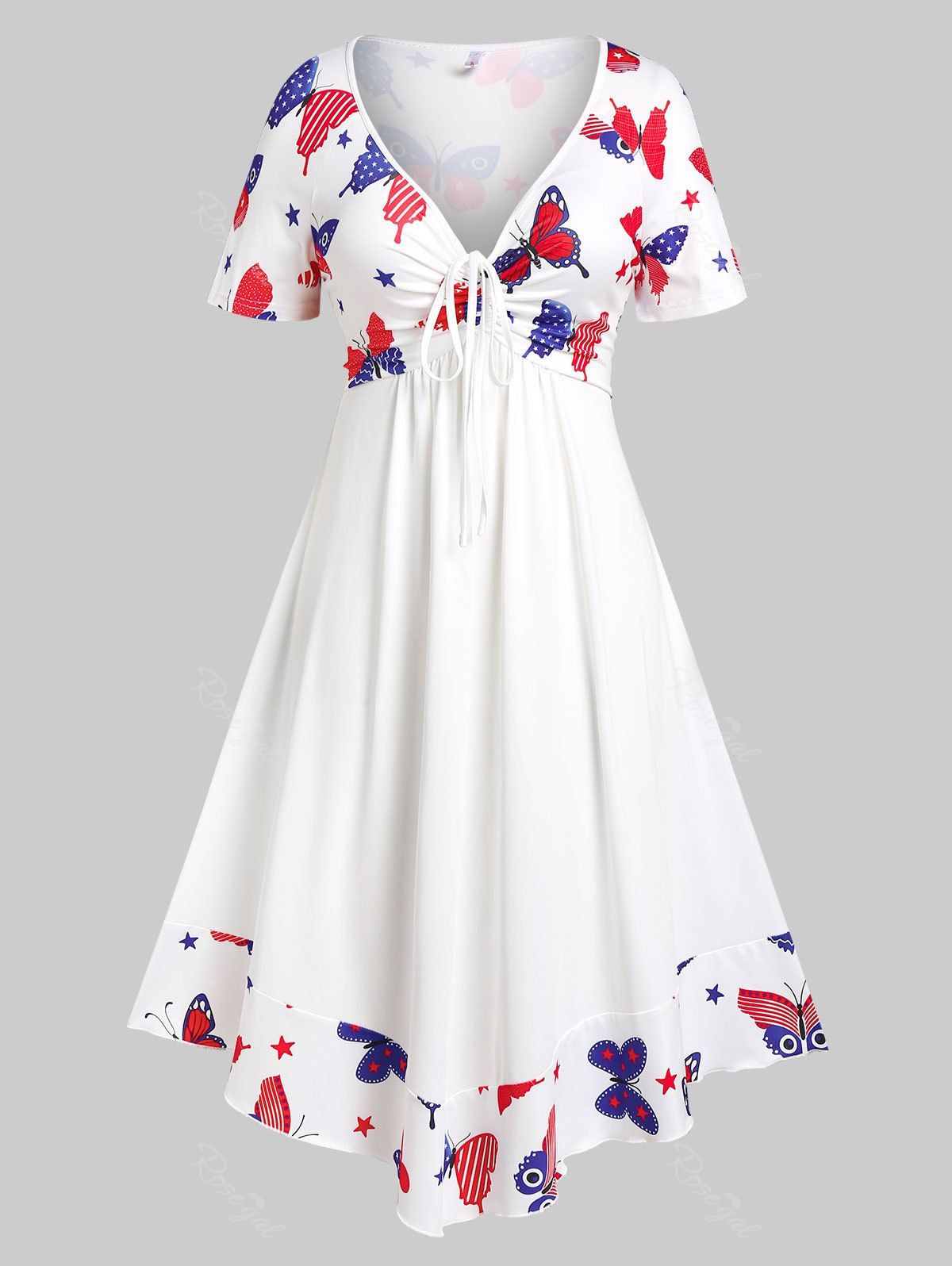 Trendy Plus Size Cinched American Flag Butterfly Print Patriotic Dress  
