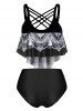 Skull Flower Print Criss-cross Padded Tankini Set -  