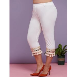 

Plus Size Sparkling Sequin Tassels Capri Pants, White