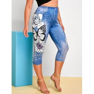 

Plus Size Butterfly Floral Print Capri Jeggings, Blue