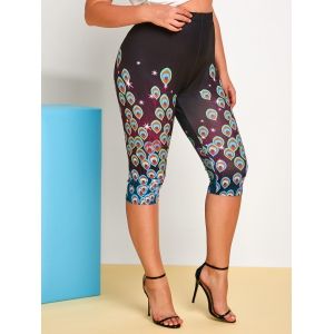 

Plus Size High Rise Peacock Print Capri Leggings, Black