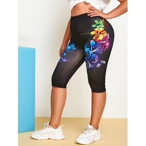 

Plus Size Butterfly Flower Print Capri Leggings, Black