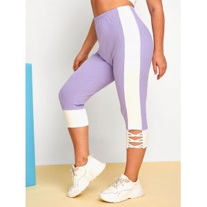 

Plus Size Crisscross Color Blocking Ribbed Leggings, Light purple