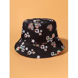 

Flower Heart Star Print Bucket Hat, Midnight blue