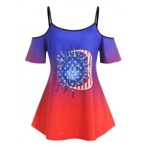 

Plus Size Cold Shoulder American Flag Print Ombre Color Tee, Multi