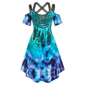 

Plus Size Cold Shoulder Dreamcatcher Print Tie Dye Dress, Multi