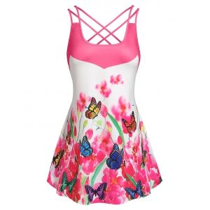 

Plus Size Butterfly Flower Print Crisscross Flowy Tank Top, Multi