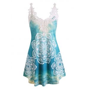 

Guipure Insert Bohemian Flower Print Tank Top, Green