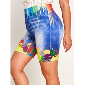 

Plus Size Splatter Paint 3D Print High Rise Short Leggings, Blue