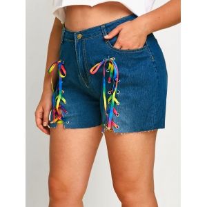

Raw Hem Lace Up Front Plus Size Denim Shorts, Blue