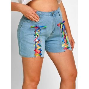 

Raw Hem Lace Up Front Plus Size Denim Shorts, Light blue