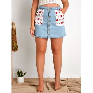 

Floral Patched Pockets Plus Size Button Up Denim Skirt, Light blue
