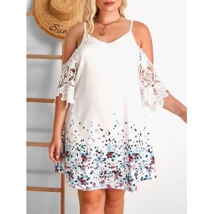 

Plus Size Floral Cold Shoulder Crochet Applique Dress, White