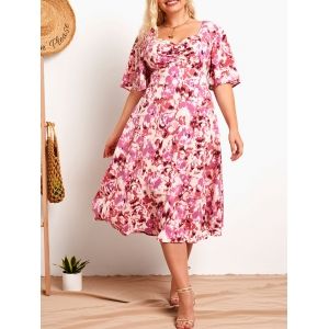 

Plus Size Flower Print Ruched Empire Waist Dress, Light pink