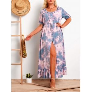 

Plus Size Tie Dye Ruffle Button Up Dress, Multi