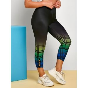 

Ruched Buttoned Side Ombre Plaid Plus Size Capri Leggings, Black