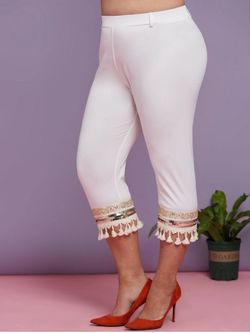 Plus Size Sparkling Sequin Tassels Capri Pants - WHITE - 4X