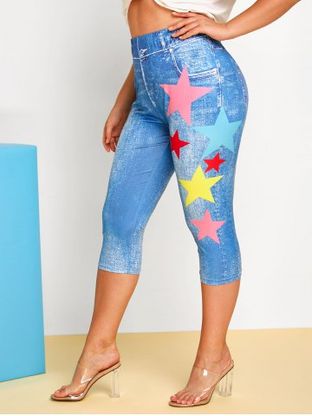 Plus Size Star 3D Jean Print Capri High Rise Jeggings