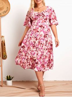 Plus Size Flower Print Ruched Empire Waist Cottagecore Midi Dress - LIGHT PINK - L