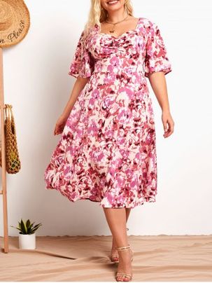 Plus Size Flower Print Ruched Empire Waist Cottagecore Midi Dress