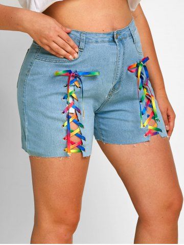 Raw Hem Lace Up Front Plus Size Denim Shorts