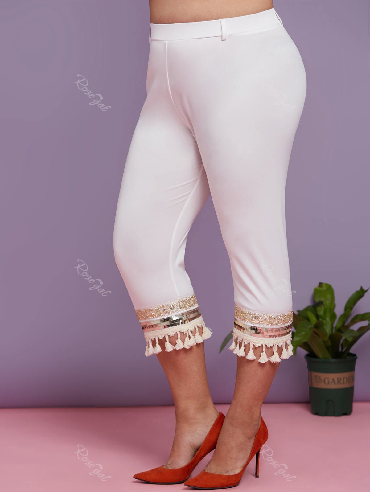 Pantalon Capri à Paillettes Brillantes Grande Taille Blanc 5X