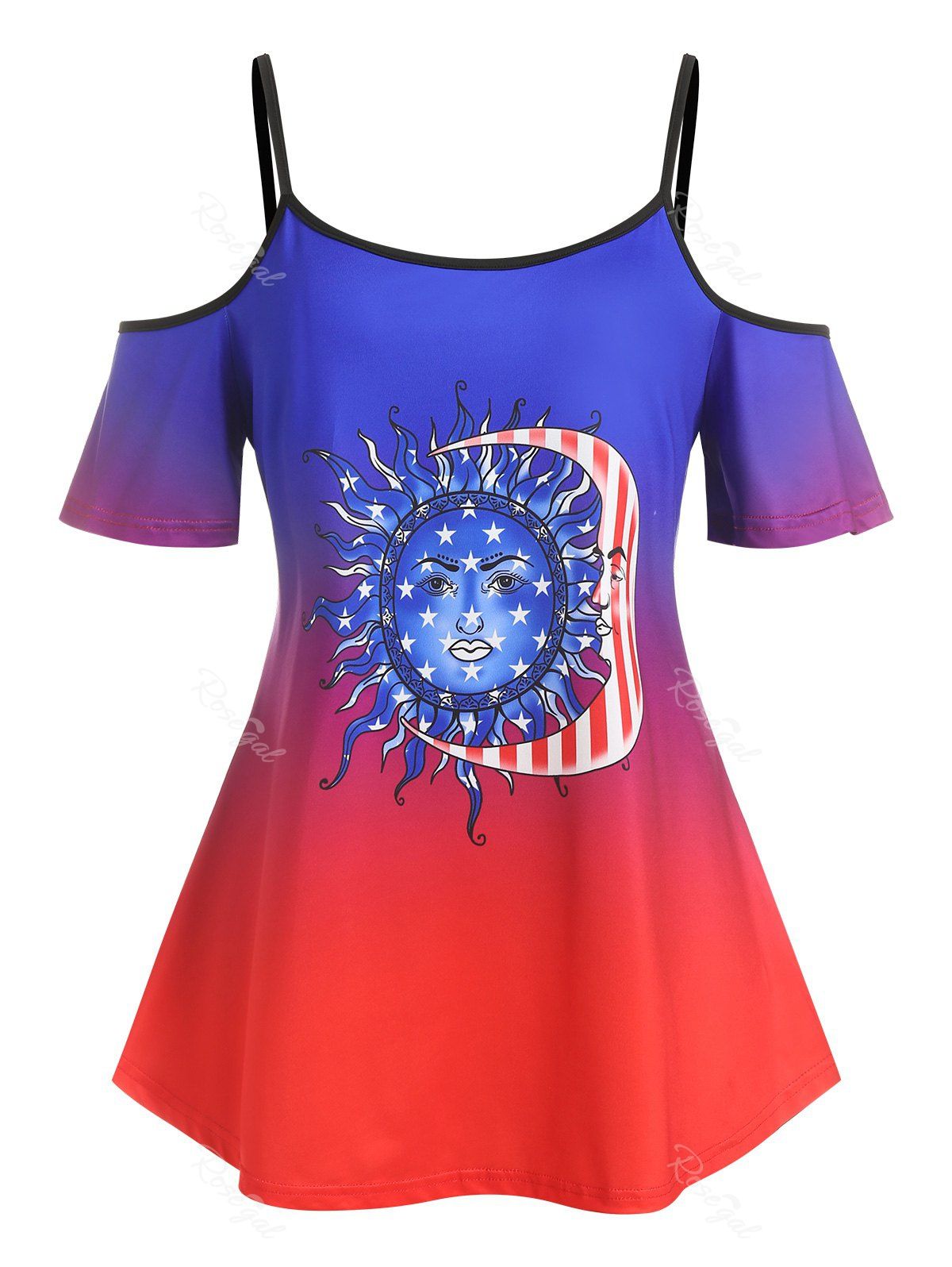 Chic Plus Size Cold Shoulder American Flag Print Ombre Color Tee  