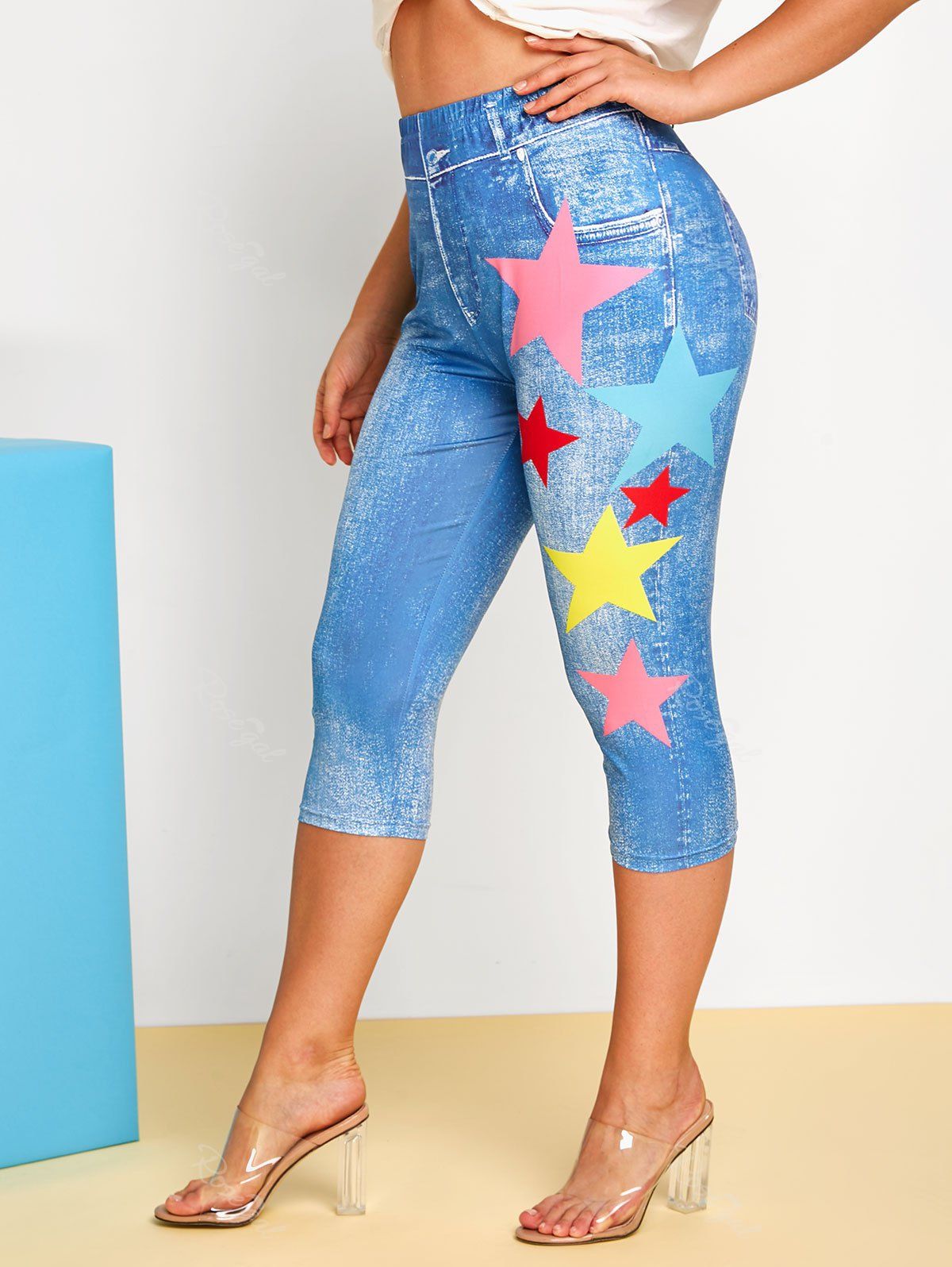 Buy Plus Size Star 3D Jean Print Capri High Rise Jeggings  