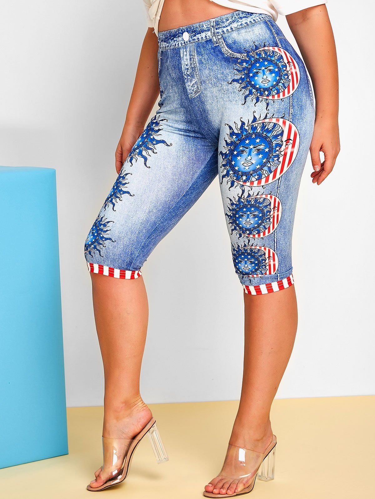 Plus Size American Flag Print Patriotic Capri Jeggings [36% OFF] | Rosegal