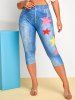 Plus Size Star 3D Jean Print Capri High Rise Jeggings -  