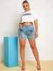 Raw Hem Lace Up Front Plus Size Denim Shorts -  