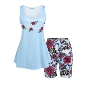 

Plus Size Rose Skull Print Shorts Pajamas Set, Light blue