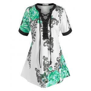 

Plus Size Lace-up Flower Print Cuffed Sleeve Tee, Light green