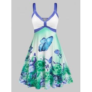 

Plus Size Sleeveless Floral Butterfly Print Knee Length Dress, Multi