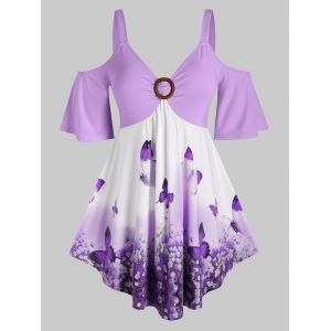 

Plus Size Butterfly Floral Cold Shoulder Tunic Tee, Light purple