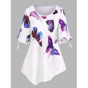 

Plus Size Butterfly Print Slit Bell Sleeve Asymmetric T Shirt, White