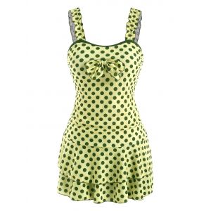 

Bowknot Polka Dot Lettuce Strap Skirted Tankini Swimwear, Light yellow