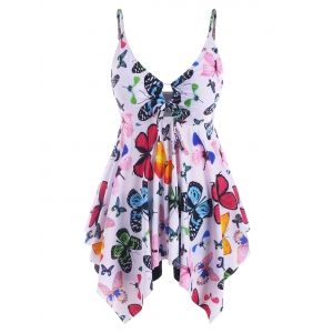 

Plus Size Butterfly Print Keyhole Handkerchief Tankini Swimwear, White