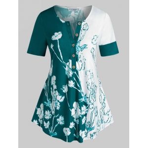 

Plus Size Floral Print Colorblock Half Button Tee, Deep green