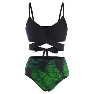 

Criss Cross Tropical Leaf Tummy Control Bikini Swimwear, Black