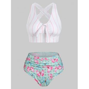 

Stripes Butterfly Print Cut Out Padded Bikini Set, Light green