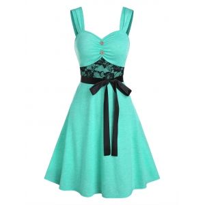 

Lace Insert Mock Button Belted Dress, Light green